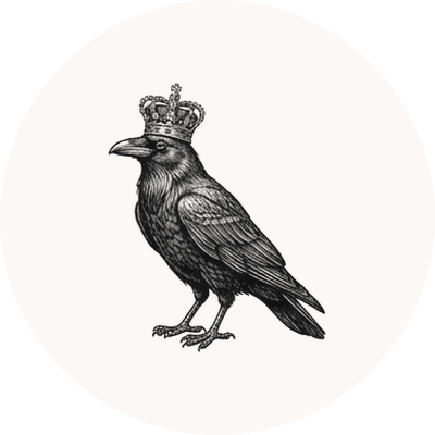 Engraved raven wearing a crown
