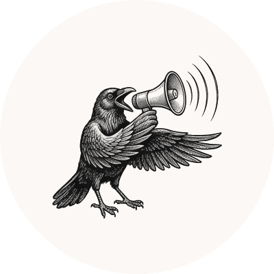 Engraved raven calling through a megaphone