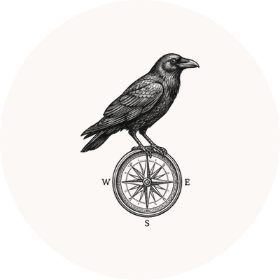 Engraved raven balancing on a compass unicycle