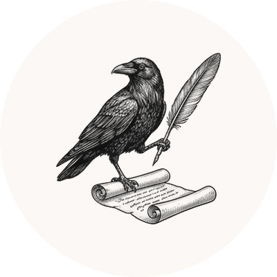 Engraved raven with quill and scroll
