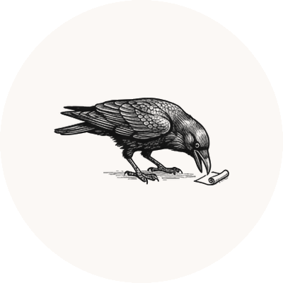 Engraved raven with thought bubbles