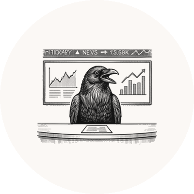 Engraved raven presenting a stock chart
