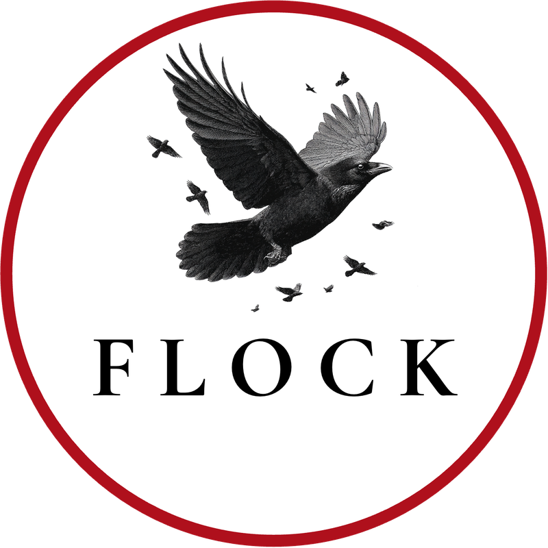 Flock — engraved raven in flight within a crimson ring